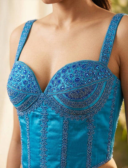 Pearl Embellished SkyBlue Corset Blouse 🤍✨