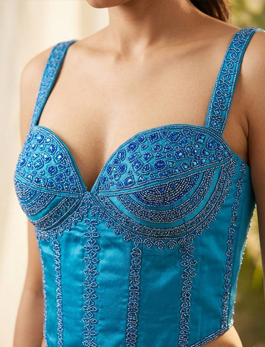 Pearl Embellished SkyBlue Corset Blouse 🤍✨