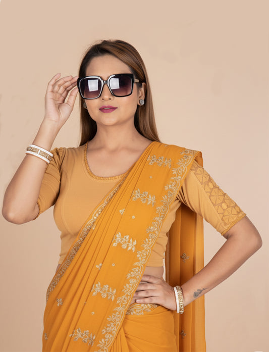 Dark Chiku Cotton Lycra Blouse with Netted Flower Design