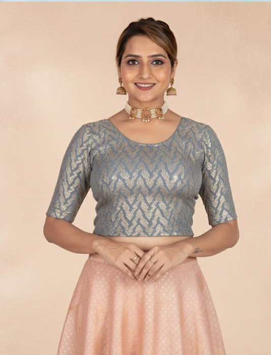 Grey  Crush Blouse with Zig Zag Golden Print