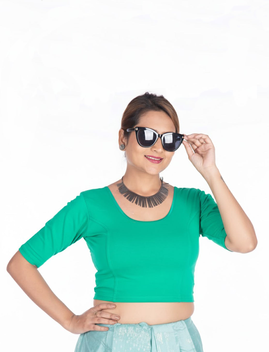 Peacock Green  Cotton Lycra Blouse - Plain