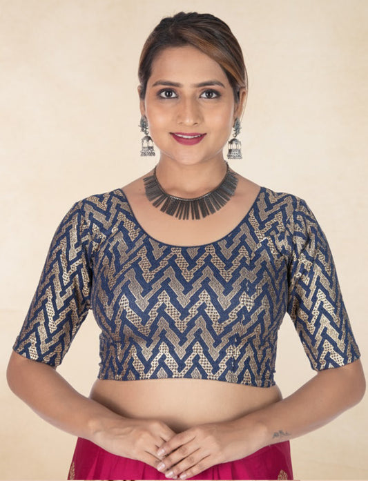 Navy Blue Crush Blouse with Zig Zag Golden Print