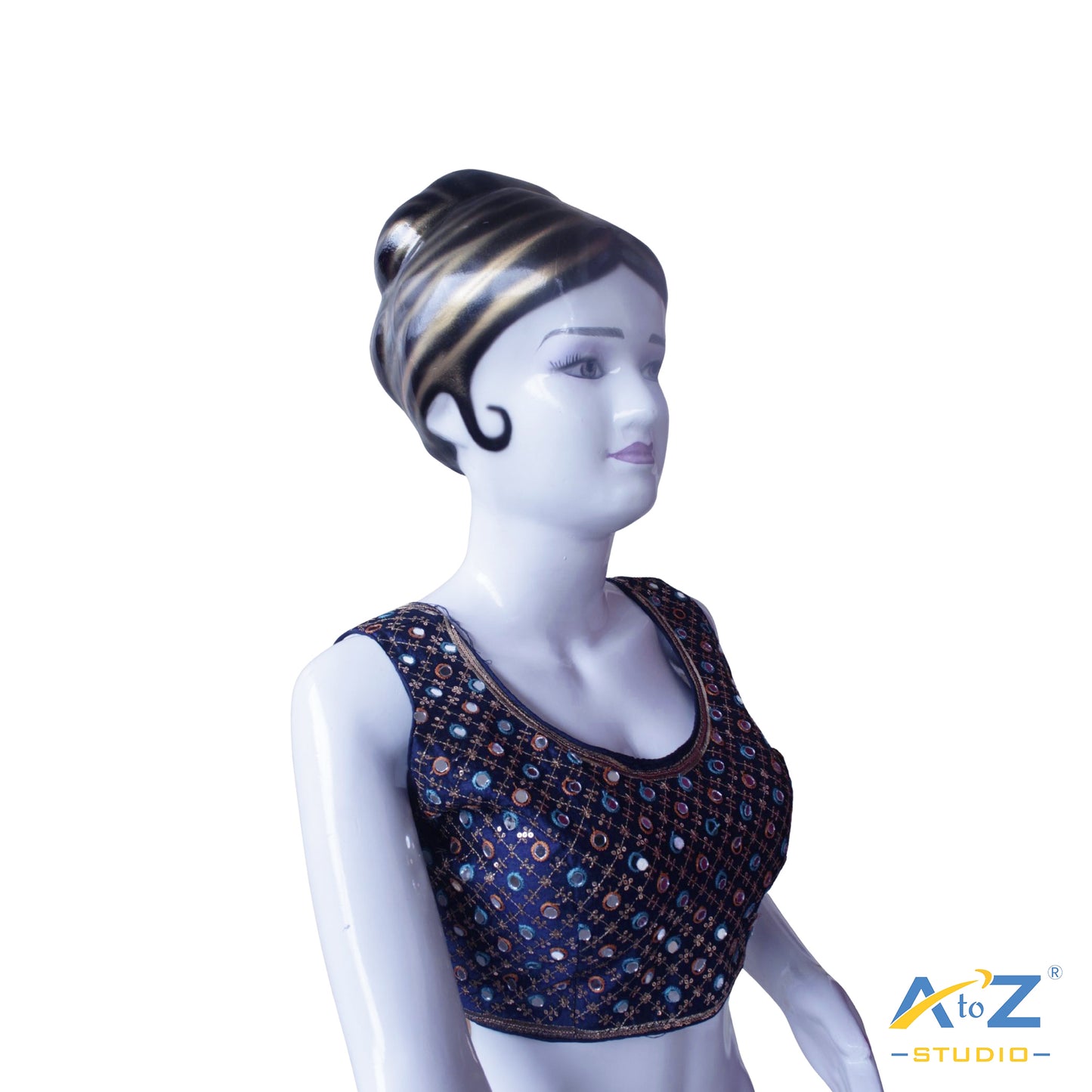 Hand-Embroidered navy blue blouse with sequin & Mirror work