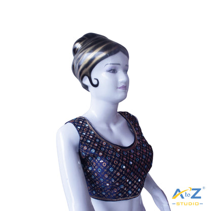 Hand-Embroidered navy blue blouse with sequin & Mirror work