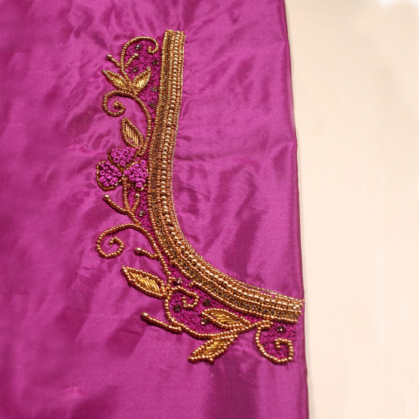"Luxury DkPurple Silk Blouse Material with Gold Zardozi and Bead Detailing"