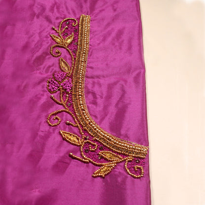 "Luxury DkPurple Silk Blouse Material with Gold Zardozi and Bead Detailing"