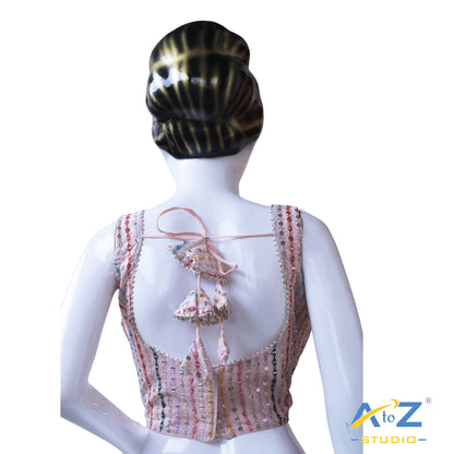 Baby pink Georgette Blouse with Multicolored Vertical Sequin Embroidery and Stylish Back Tie