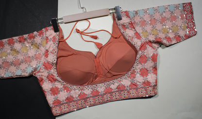 Peach Patchwork Sequined Blouse with Sweetheart Neck