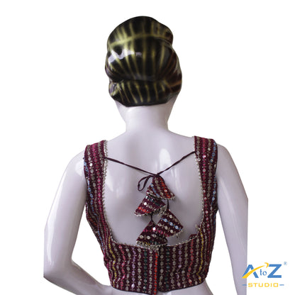 Sparkling Sequin Striped Wine Georgette Blouse with Embellished Tie-Up