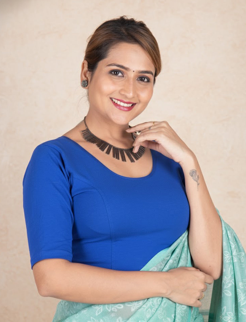 Royal Blue Cotton Lycra Blouse - Plain