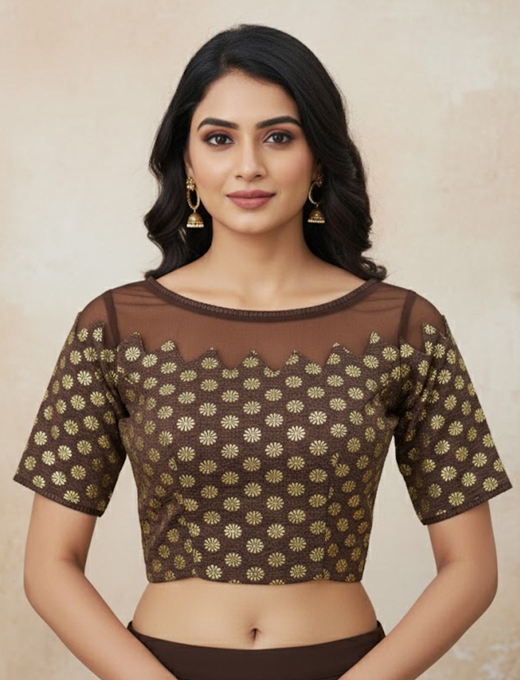 Coffee Crush Blouse with Golden Flower & Net