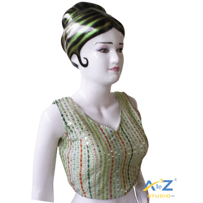 Elegant Pista Green Georgette Blouse with Multicolor Sequin Stripe Embellishments