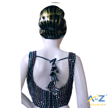 Elegant Rama Blue Georgette Blouse with Multicolor Sequin Embroidery and Contemporary V-Neck Design