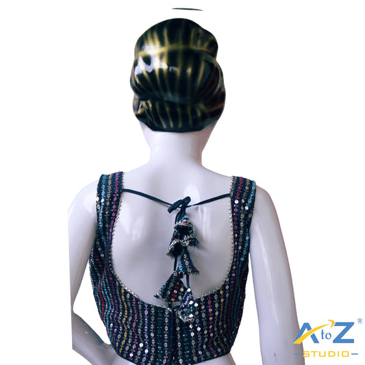 Elegant Rama Blue Georgette Blouse with Multicolor Sequin Embroidery and Contemporary V-Neck Design