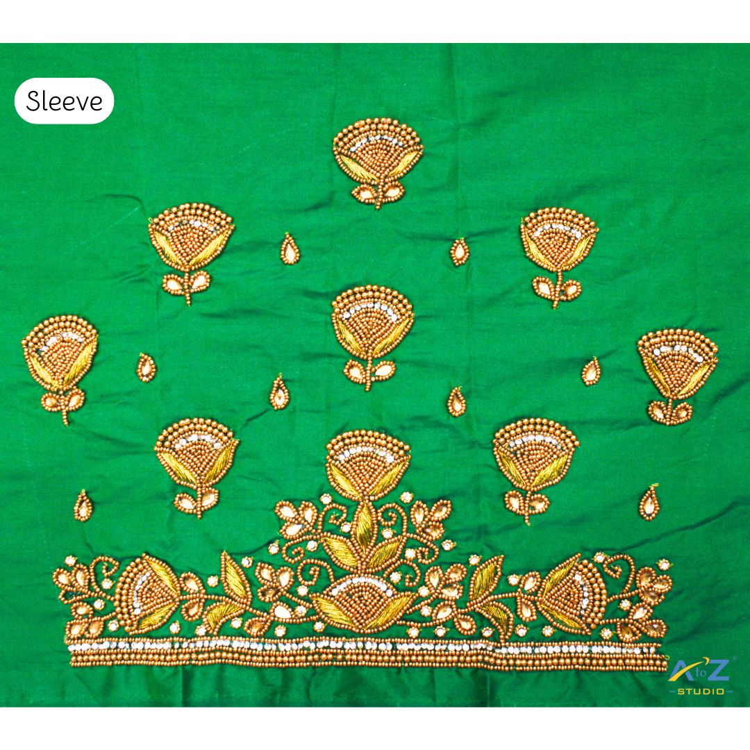 Crocodile Green Silk Blouse Piece With Aari Work