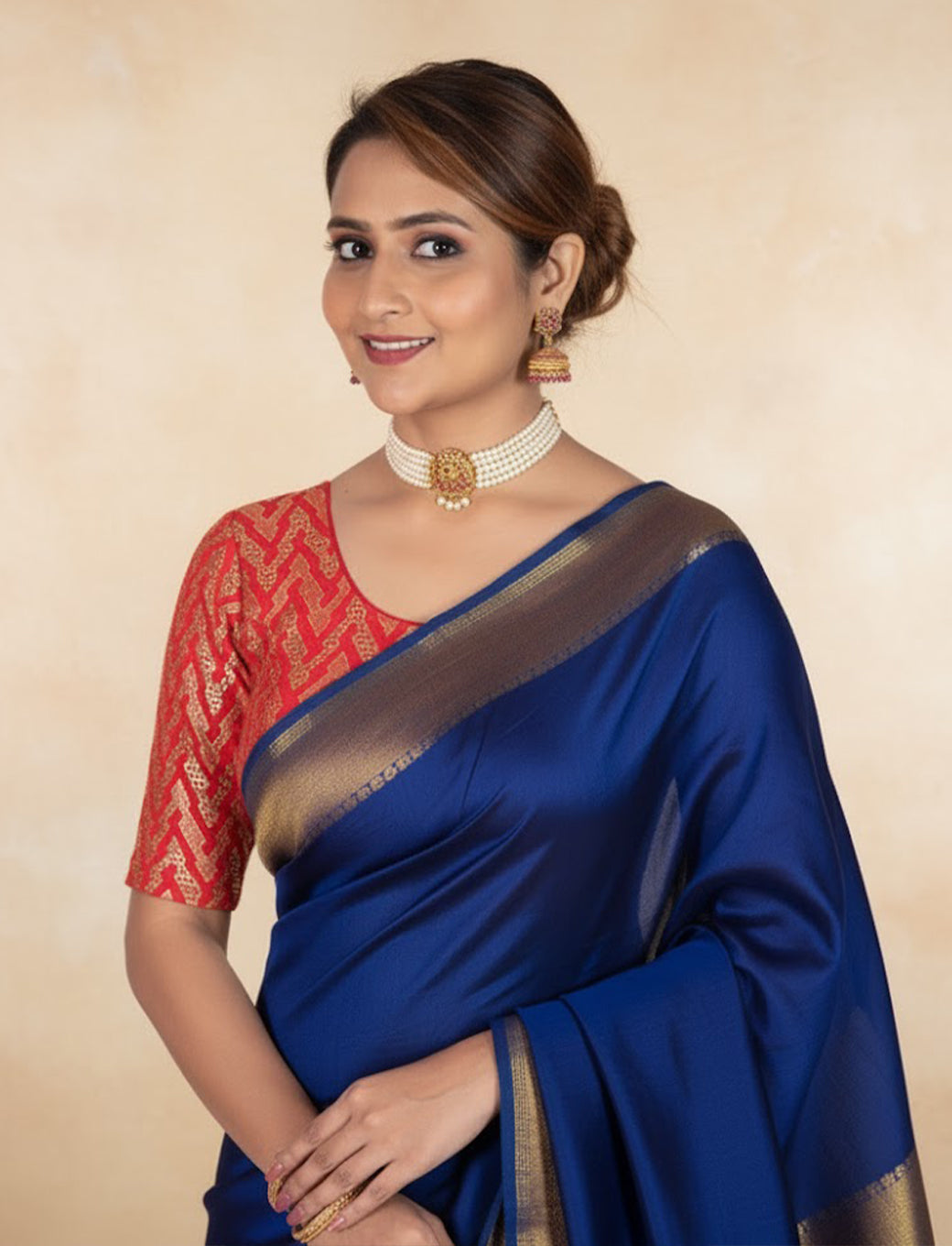 Red Crush Blouse with Zig Zag Golden Print