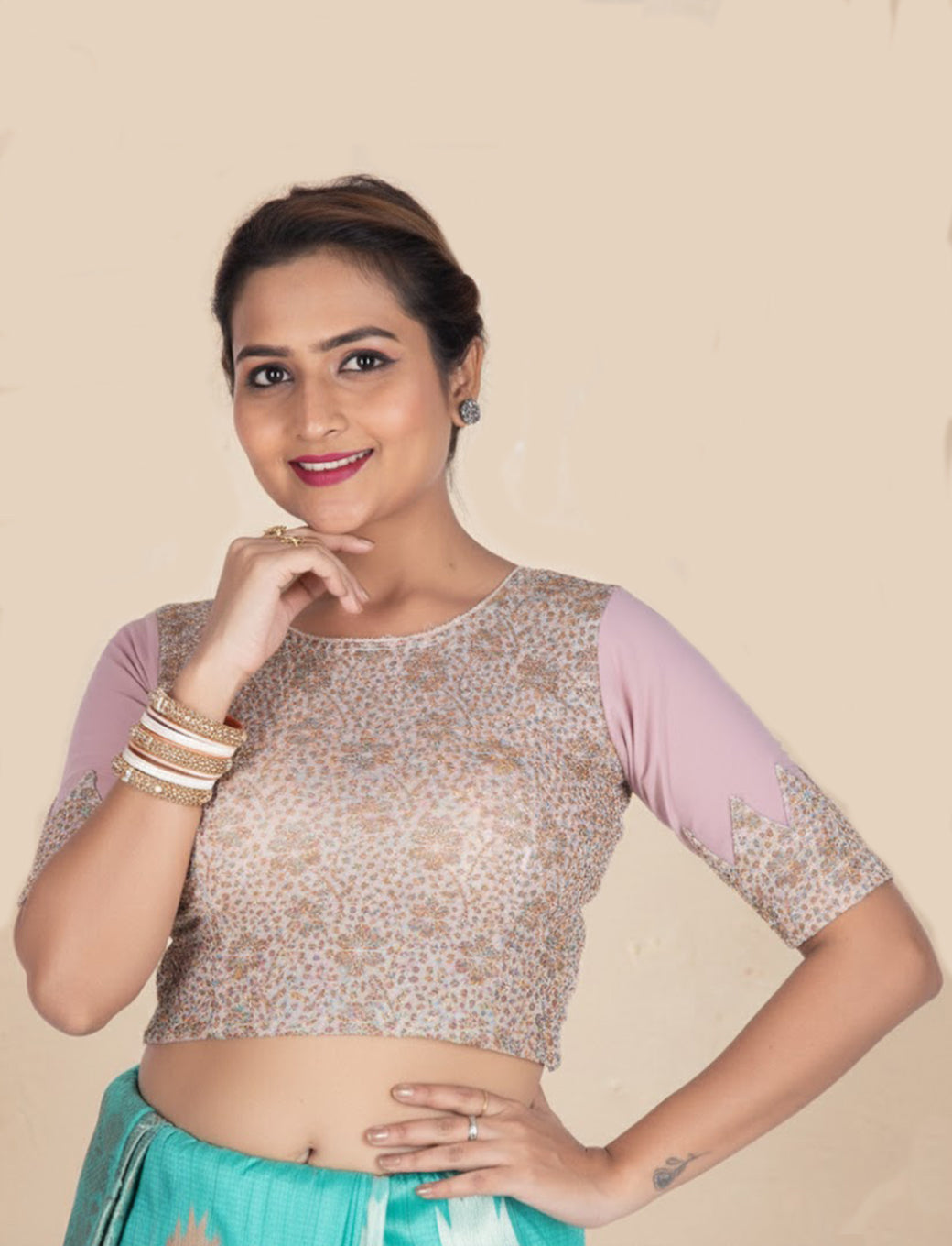 Cream Tissue Lycra Blouse with Multi-Color Jeri Design