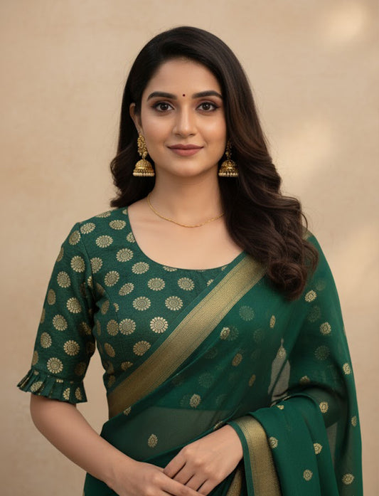 Dark Green Crush Blouse with Golden Sunflower