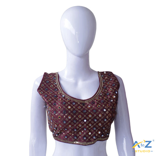 Hand-Embroidered maroon blouse with sequin & Mirror work.