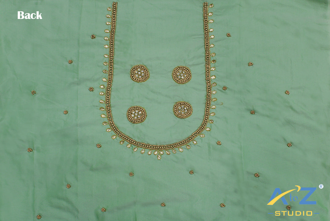 Light Spring Green Silk Blouse Piece With Aari Work