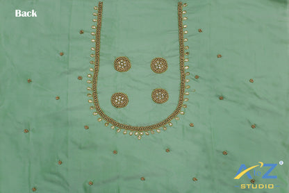 Light Spring Green Silk Blouse Piece With Aari Work