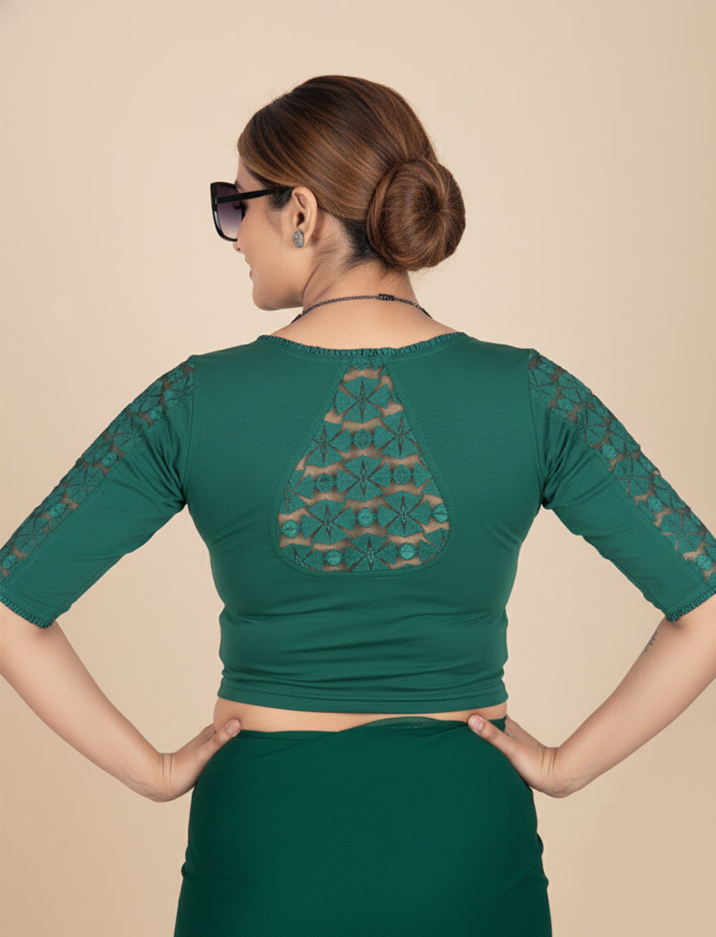 Dark Green Cotton Lycra Blouse with Netted Flower Design