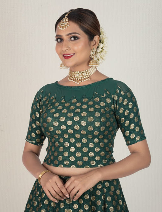 Dark Green Crush Blouse with Golden Flower & Net