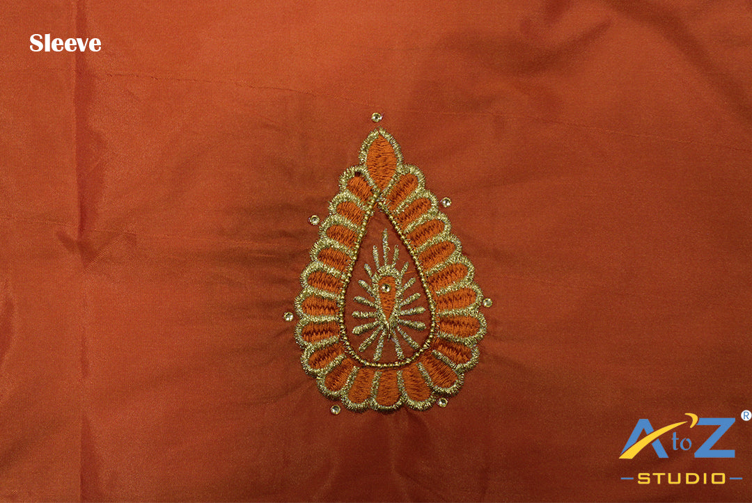 Dark Dusty Orange Silk Blouse Piece With Machine Work