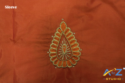 Dark Dusty Orange Silk Blouse Piece With Machine Work