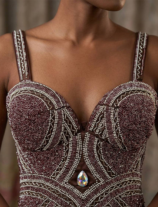 Wine Beaded Designer Corset Blouse with Crystal Detail