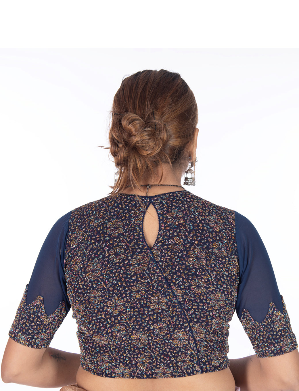 Navy Blue Tissue Lycra Blouse with Multi-Color Jeri Design