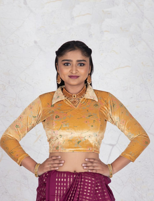 Dark Chiku Velvet Blouse with Floral Prints