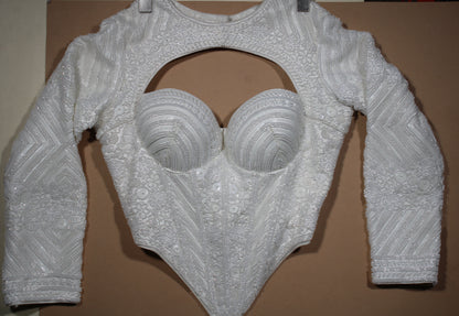 Off-White Heavily Sequined Corset Blouse with Cut-Out High Neck & Full Sleeves