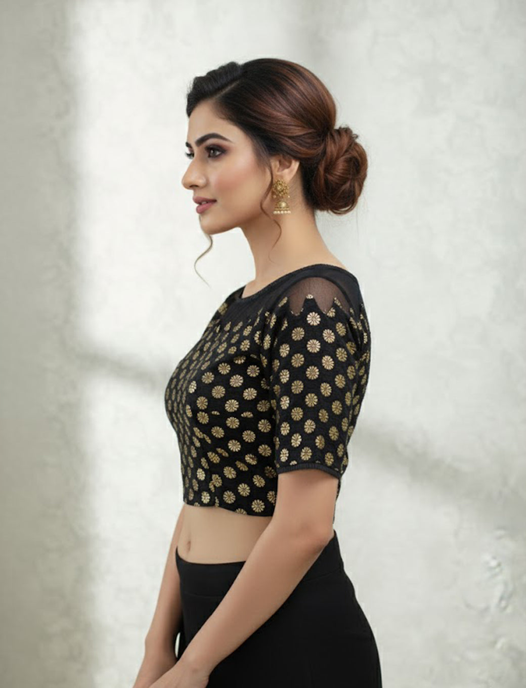 Black  Crush Blouse with Golden Flower & Net