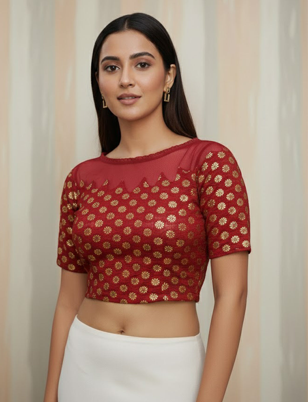 Redish Maroon Crush Blouse with Golden Flower & Net