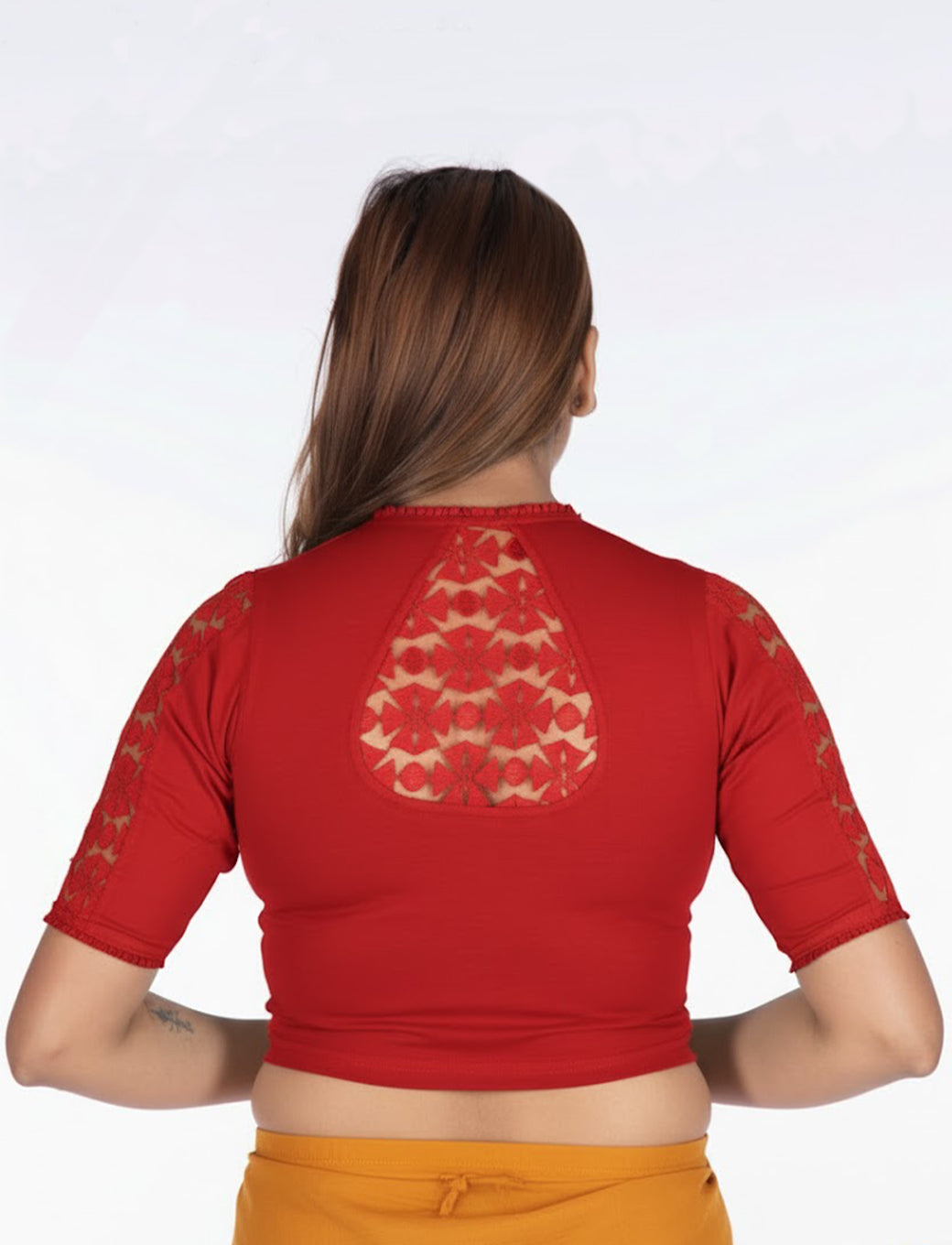 Red Cotton Lycra Blouse with Netted Flower Design