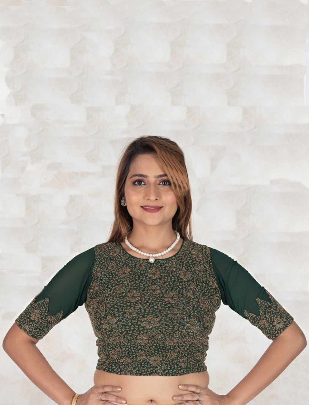 Dark Green Tissue Lycra Blouse with Multi-Color Jeri Design