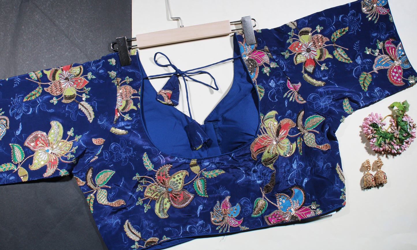 Royal Blue Velvet Floral Embroidered Blouse with Sweetheart Neck