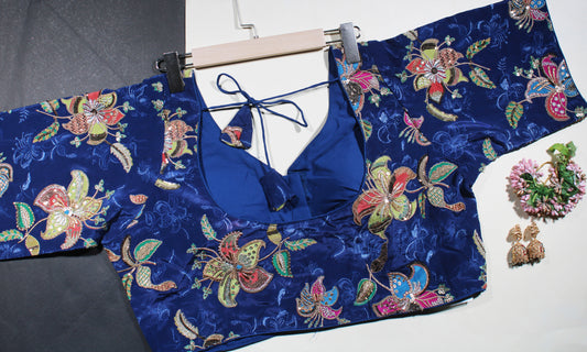 Royal Blue Velvet Floral Embroidered Blouse with Sweetheart Neck