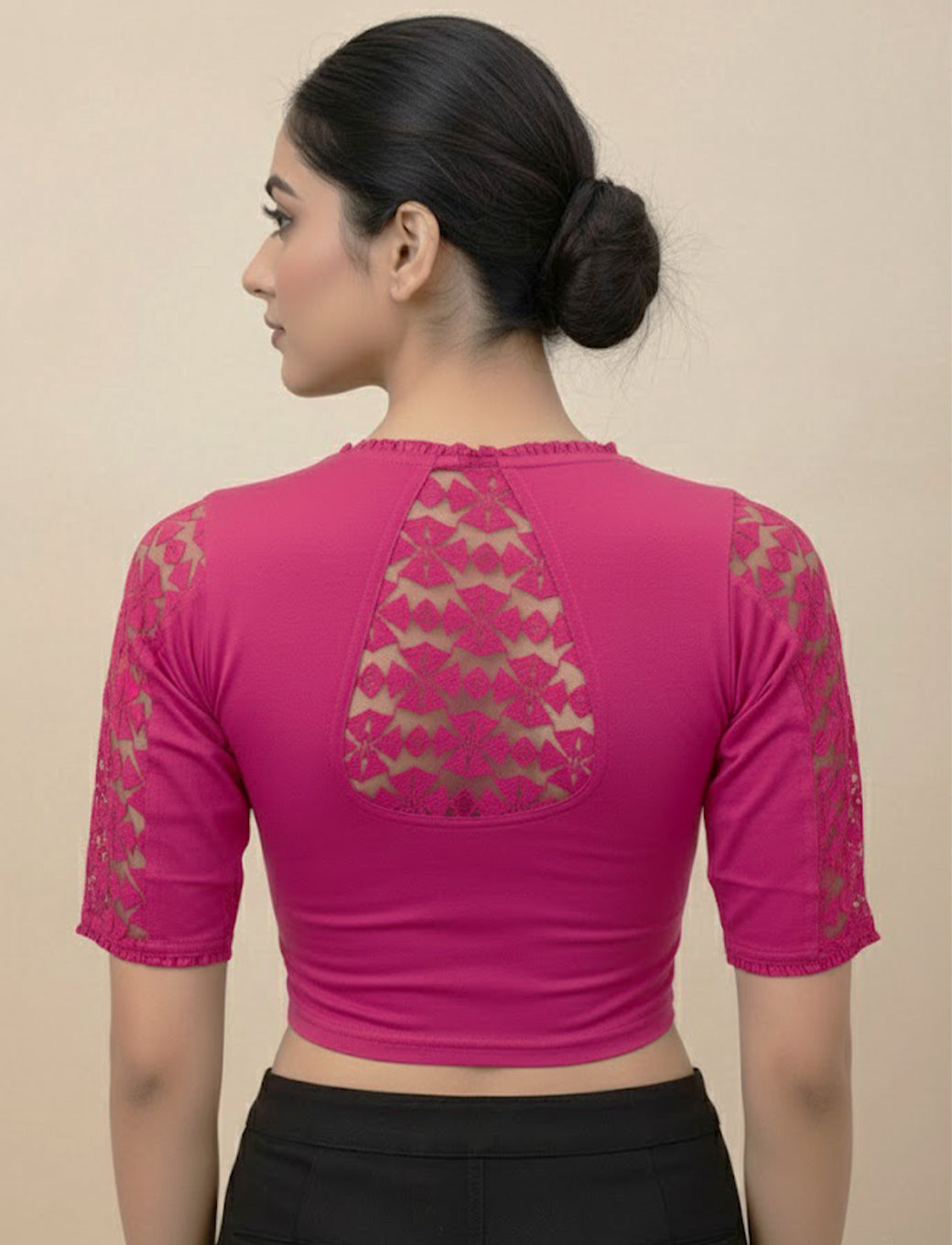 Fuschsia Cotton Lycra Blouse with Netted Flower Design