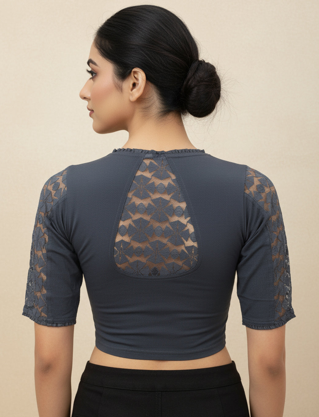 Grey  Cotton Lycra Blouse with Netted Flower Design