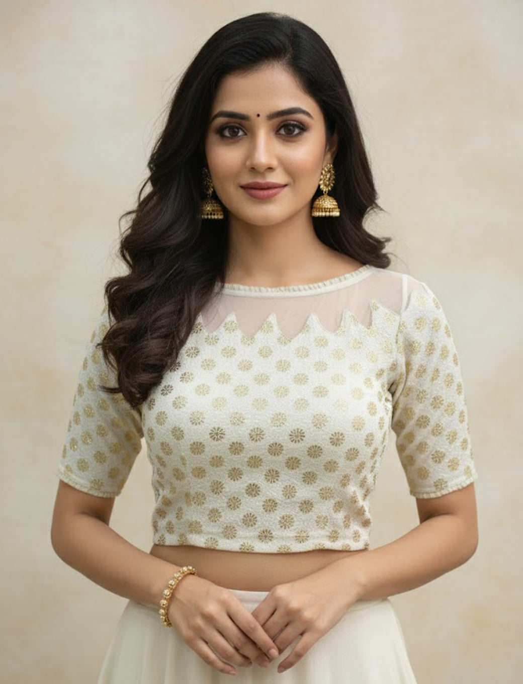 Cream Crush Blouse with Golden Flower & Net