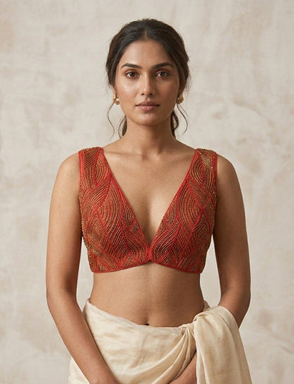 Red Geometric Embellished Designer Blouse 🍷✨