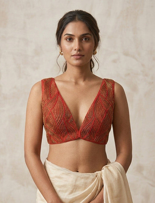 Red Geometric Embellished Designer Blouse 🍷✨