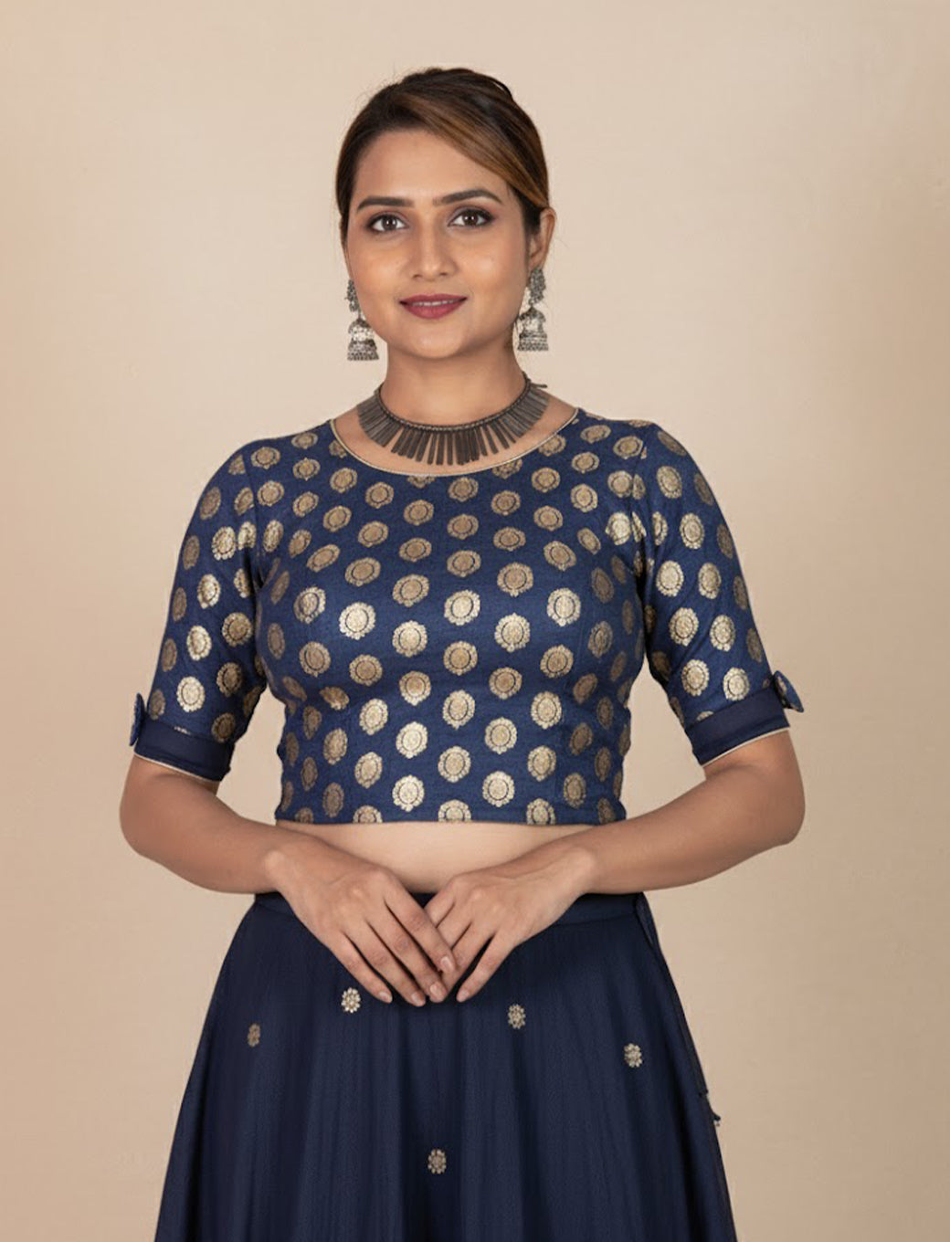 Navy Blue Crush Blouse with Golden Mango Print