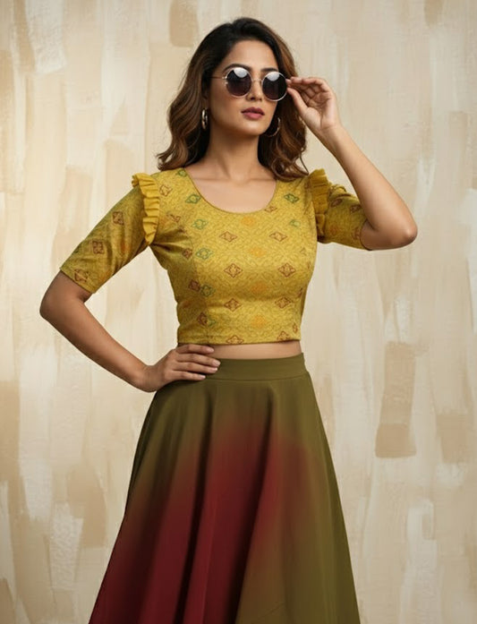 Golden Yellow Crush Blouse with Kite Print
