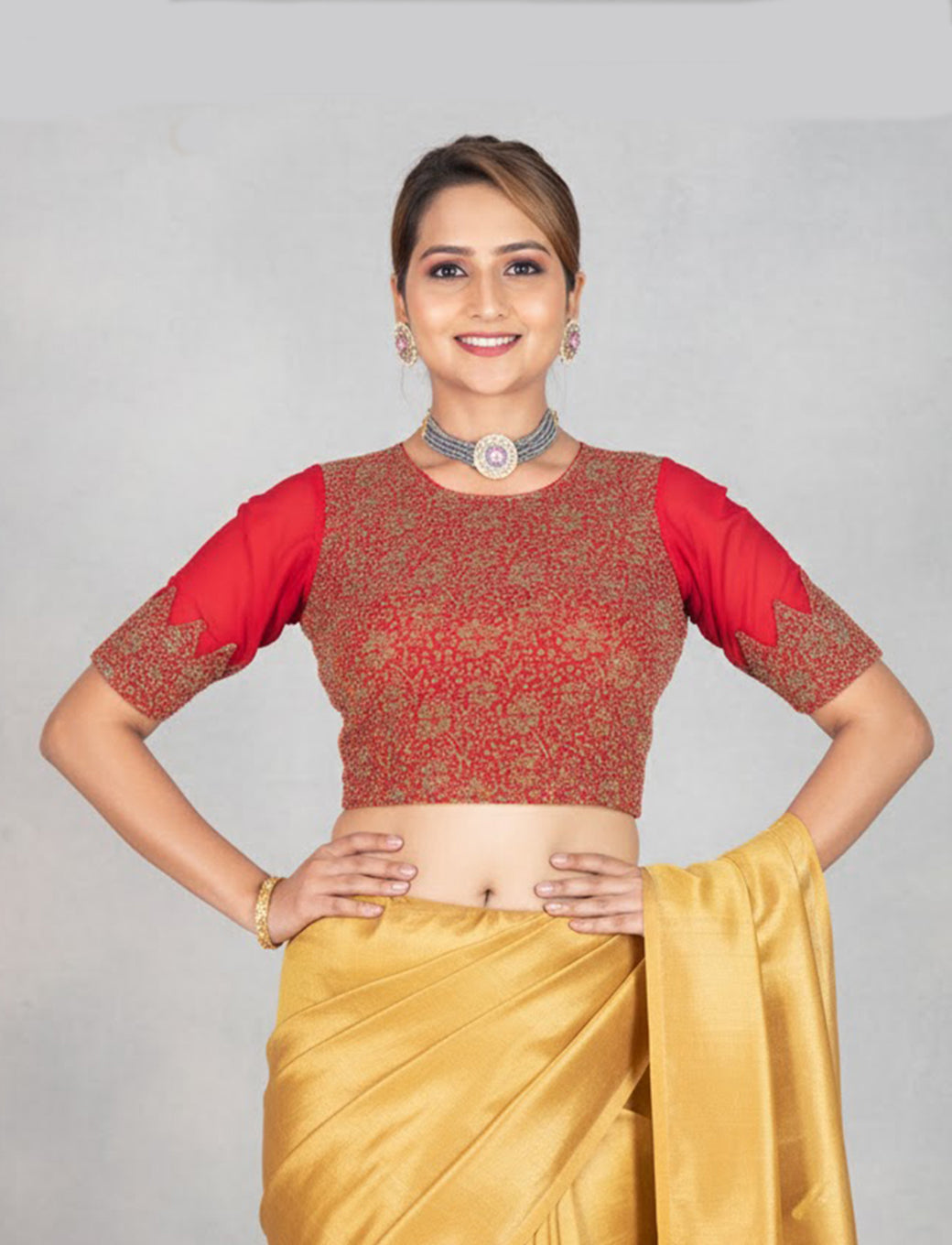 Red Tissue Lycra Blouse with Multi-Color Jeri Design