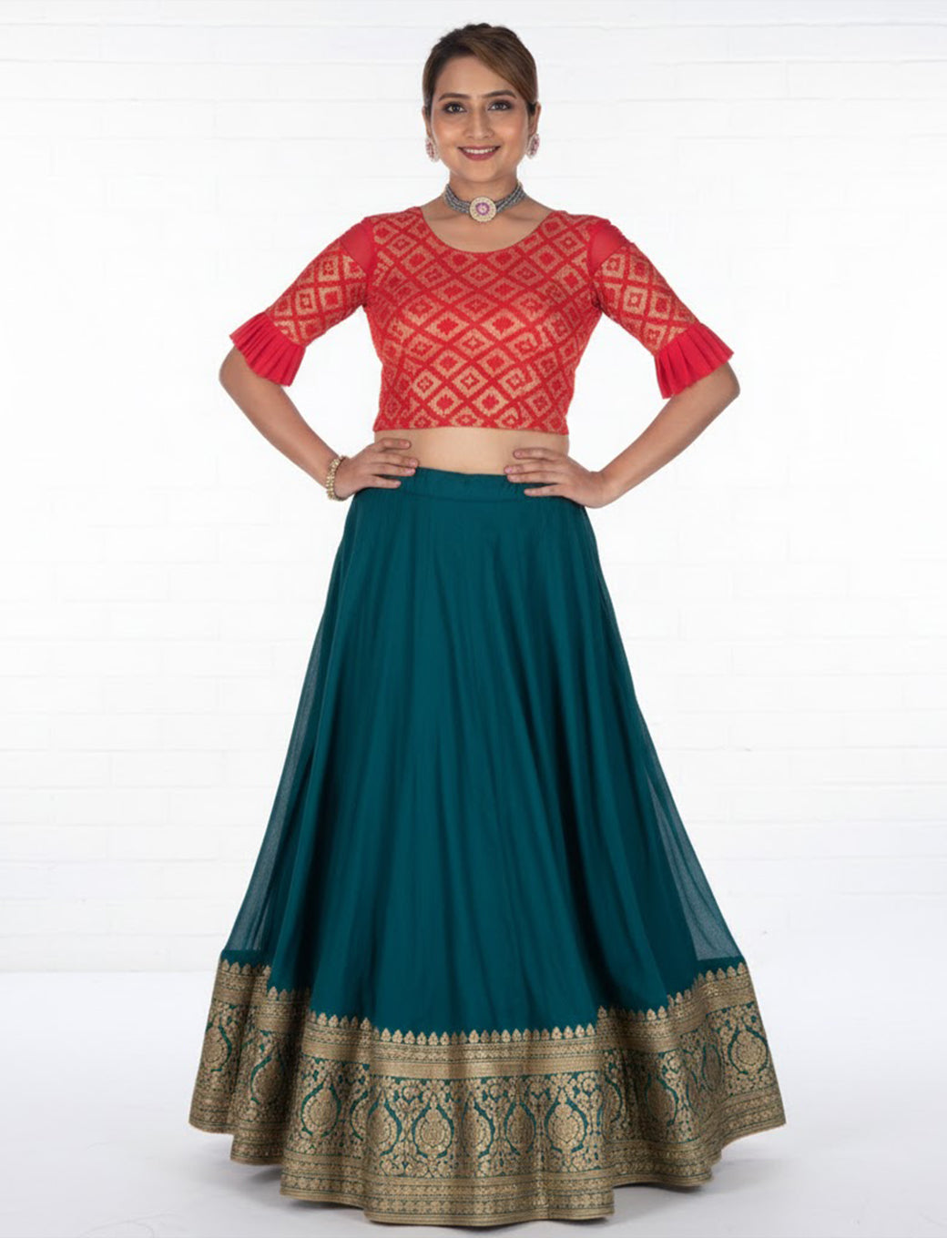 Red Zarjet Blouse with Golden Diamond Print