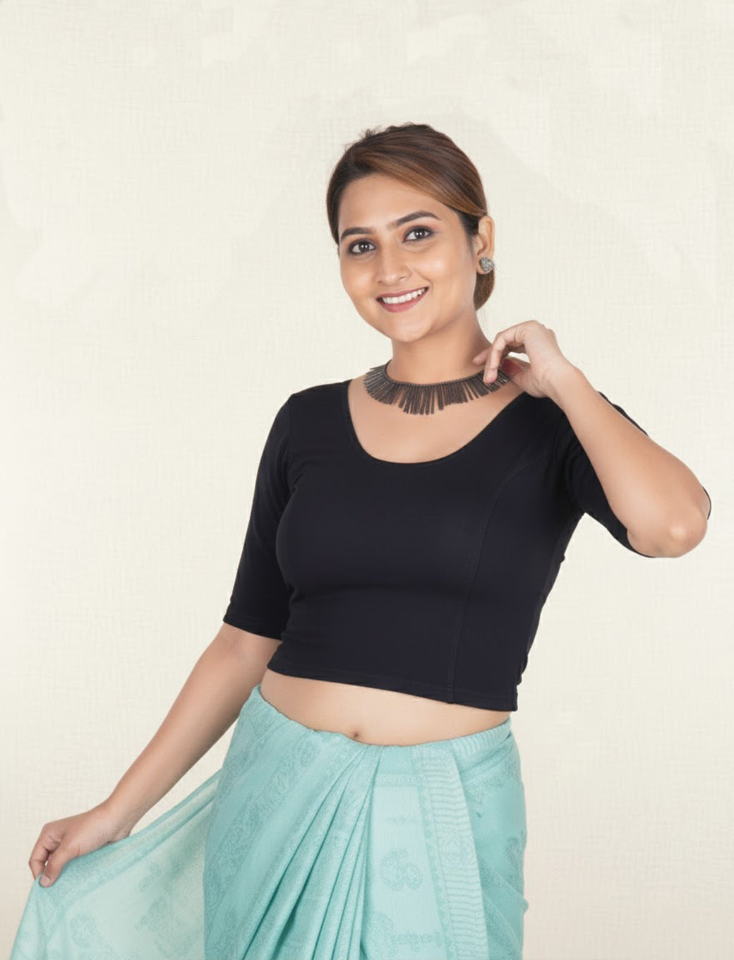 Black  Cotton Lycra Blouse - Plain