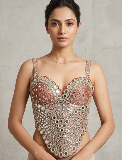 Coral Mirror Work Designer Corset Blouse